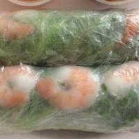 Shrimp Fresh Roll · Green leaves, carrot, cucumber, mint leaves, cilantro, rice noodle wrapped in rice paper. Se...