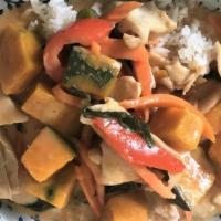 Pumpkin Curry · Coconut milk, pumpkin, bell pepper, caroot, and basil. Served with jasmine white rice.