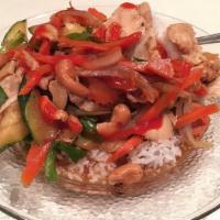 Cashew Nut · Carrots, bell pepper, onions, zucchini, and cashew nut. Served with jasmine white rice.