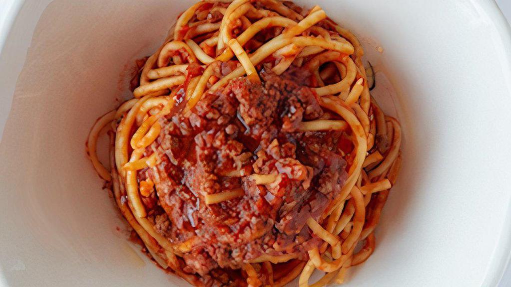 Spaghetti Bolognese · Homemade spaghetti in a beef sauce.