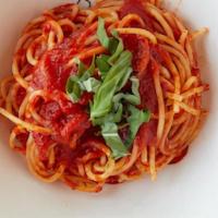 Spaghetti Pomodoro · Homemade spaghetti in a tomato basil sauce.