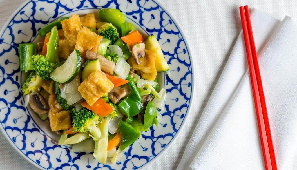 Garden Vegetables And Tofu · fresh vegetables with fried tofu