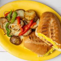 Breakfast Panini · Scrambled eggs and cheese with choice of linguiça, ham, or bacon. Served with potatoes or fr...
