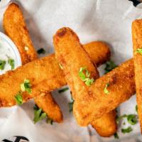 Fried Pickles · Battered and fried spears, creamy herb dip.