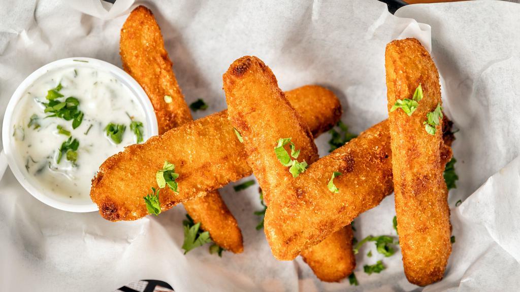 Fried Pickles · Battered and fried spears, creamy herb dip.