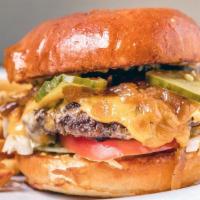 Old Folsom Burger · Certified angus beef, Cheddar, caramelized onions, house pickles, J. Cash sauce*, lettuce, t...