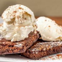 Brownie Batch · Gooey chocolate brownie stack, scoop of vanilla ice cream.