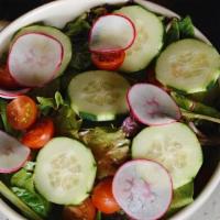 House Salad* · Mixed greens, balsamic vinaigrette, tomatoes, cucumber, radishes.