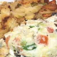 Healthy Omelette · Egg white, Spinach, Mushroom, Onion, Tomato, Bell pepper. Cheese, Turkey