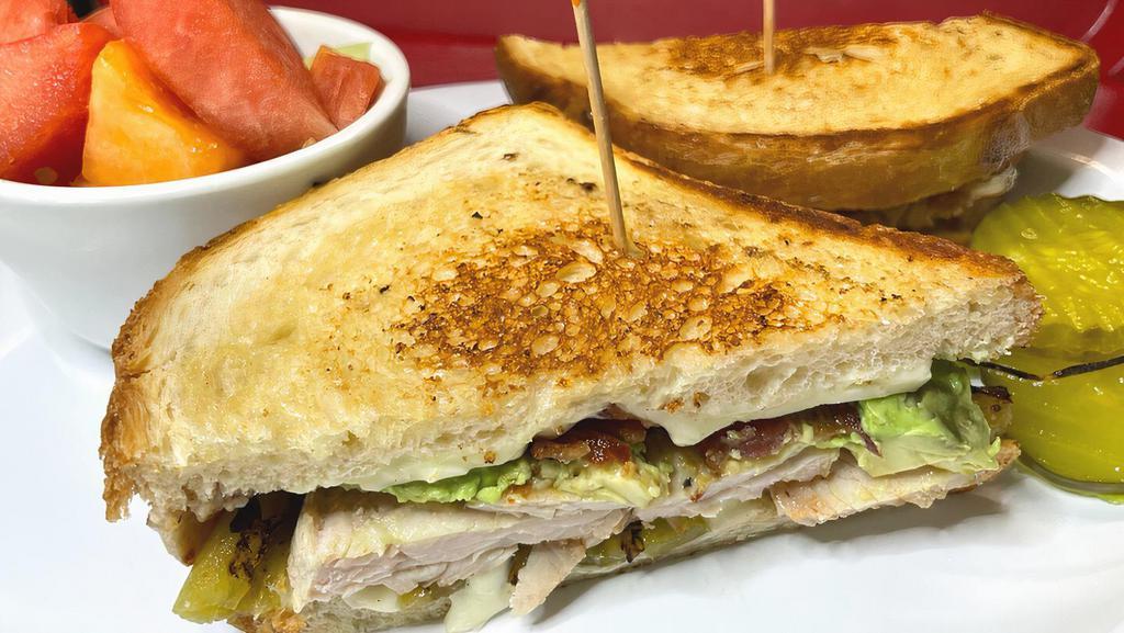 California Turkey Melt · Turkey, Bacon, Avocado, Swiss Cheese, Ortega on Grilled Sourdough