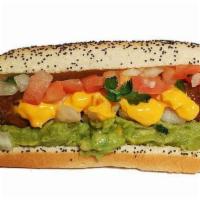 Beyond Plant-Based · The vegan bratwurst is served w/ cheeze, pico de gallo & fresh guacamole.