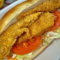 Fried Chicken Po'Boy · Fried chicken tender sandwich on a french roll. Comes with tomato, coleslaw, and remoulade s...
