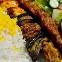 Kebab Combination · Grilled ground beef or chicken, shish kebab and boneless chicken. Served with 2 skewers, 3 d...