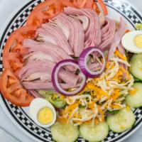 Small Chef Salad · Ham, Turkey, Boiled Egg, Romaine & Iceberg Lettuce, Tomato, Cucumber, Grated Swiss & America...