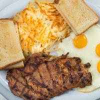 Steak & Eggs Plate · Rib eye steal, 3 eggs, hash browns & your choice of toast. Served with jelly on the side.