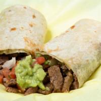 Carne Asada Chico Burrito (Chopped Beef) · Grilled flour tortilla with Carne Asada (Chopped Beef). 
Includes guacamole, pico de gallo a...