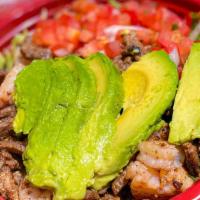 Surf N' Turf · Beans, Rice, Lettuce, Pico de Gallo, Avocado, Shrimp and Steak