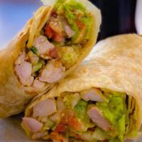 Pollo Asado Burrito · Marinated Grilled chicken, guacamole and pico de Gallo