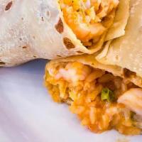 Shrimp Burrito · Shrimp, Rice, Sour Cream, Ranchera Sauce