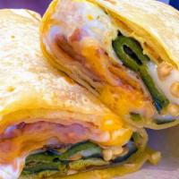 Chile Relleno Burrito · Battered Deep Fried Anaheim Pepper (Stuffed with Jack Cheese), Beans, Sour Cream, and Cheese