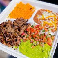 Carne Asada Plate · Marinated Grilled Steak
Topped with Lettuce and Guacamole
Served with Rice, Beans, and
Choic...