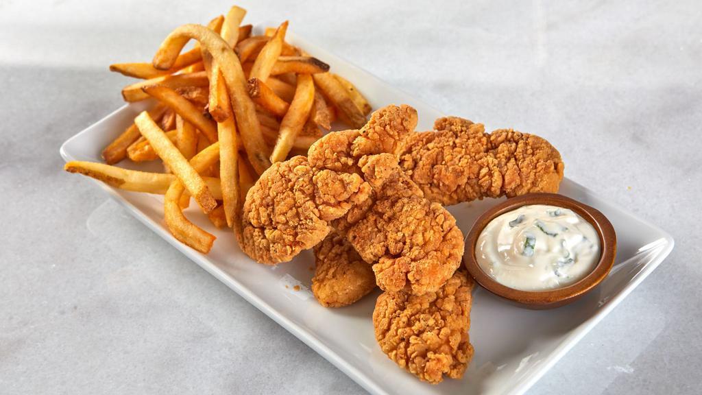 Chicken Tenders · 5 chicken tenders tossed in your choice of sauce with fries on the side and choice of drink.