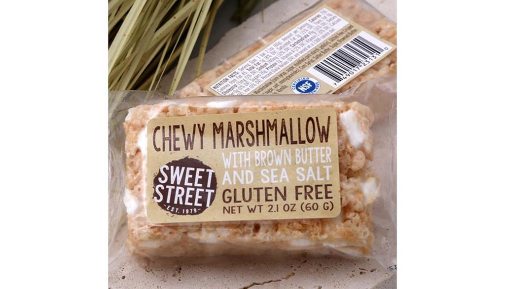 Sweet Street Chewy Marshmallow Rice Crispy Bar · Homemade marshmallow cream gets folded with gluten free crispy rice puffs and mini marshmallows. Just a touch of the butter gets browned, but enough to bring up a subtle caramel note. A hint of sea salt makes it all come alive.