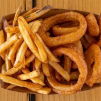 The Halfsie · half french fries & half onion rings in a family sized portion