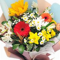 Bright Love Bouquet · A composition with bright flowers including gerbera, rose,rose spray, alstroemeria, sunflowe...