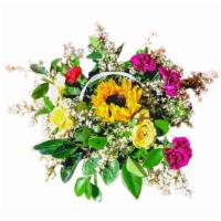 Sunflower Peace Basket · This simple basket includes Sunflowers and cloves with a few filler greens .