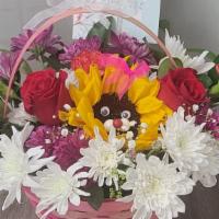  Pretty Little Eyes · Basket with sunflower  ,rose,chrysanthemum and pretty eyes