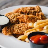 Crispy Breaded Chicken Strips · Served with french fries.