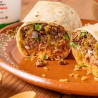 Lengua Burrito · Includes rice and beans. Choose options if you would like onions, cilantro, and salsa.