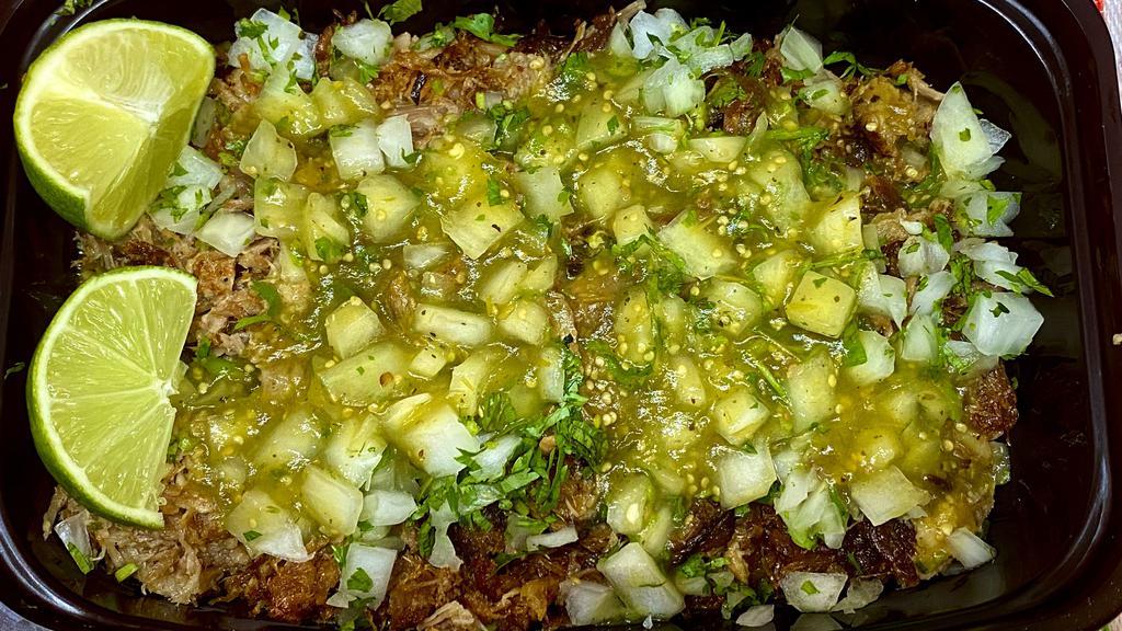 Carnitas Bowl · Mexican Rice, Refried Beans, Fresh Pork Carnitas, Onions, Cilantro and Salsa