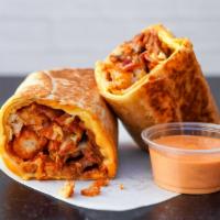 The One Breakfast Burrito · 3 slices of crispy thick-cut bacon, sauteed chicken apple sausage, triple egg omelet, chili ...