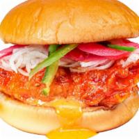 Seoul Spicy Chicken Sandwich  · Seasoned Spicy Chicken Tender in a Traditional Korean Sweet and Spicy Sauce, Daikon Slaw, Co...