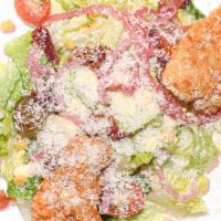 Crispy Chicken Salad  · Bed of chopped romaine lettuce goes with elote, boiled egg, cherry tomatoes, bacon bits, pic...