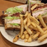Club Sandwich · Served with choice of potato salad or french fries. A three-decker of turkey breast, bacon, ...