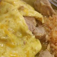 Chile Verde Plate · Served with rice, beans, and tortillas.