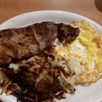 Steak And Eggs · All egg plates are served with potatoes and toast or beans and tortillas.