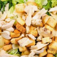Signature Chicken Caesar Salad · Chopped romaine lettuce, grilled chicken, crunchy croutons, shaved Parmesan cheese, and crea...