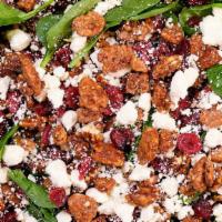 Signature Tree Hugger Salad ™ · Free spirited mix of organic spinach, feta cheese, caramelized pecans, dried cranberries, an...