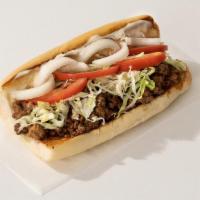 The Classic Chop · Flavorful chopped beef, silky American cheese, crisp shredded lettuce, raw onion, juicy slic...