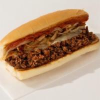 Chopped Italian · Spicy, chopped beef, silky American cheese, crisp shredded lettuce, raw onion, juicy sliced ...