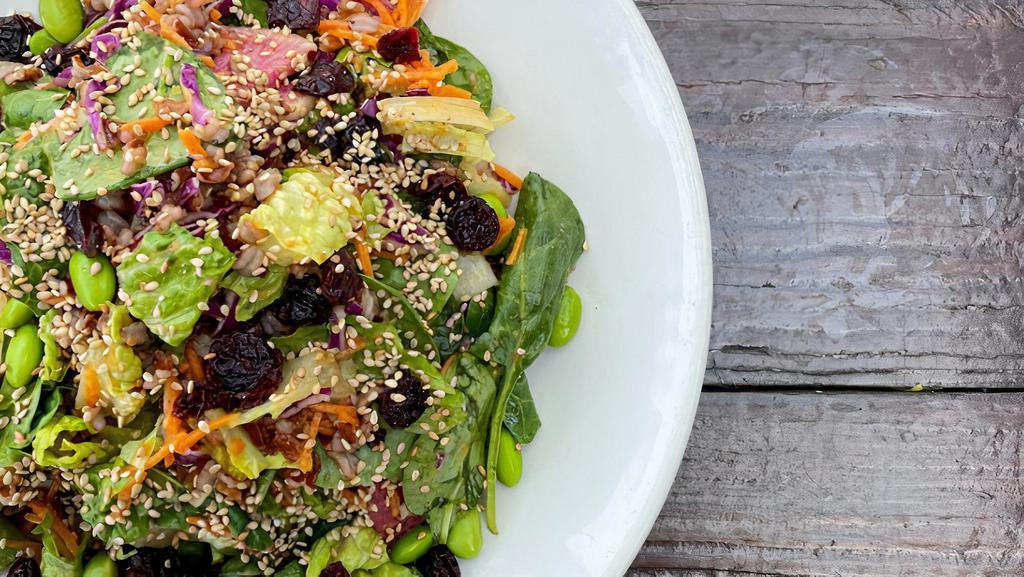Super Spinach · Baby spinach + romaine lettuce tossed with carrot ginger dressing (carrots,
ginger, onions, salad oil, vinegar, spices, soy sauce) red cabbage, watermelon
radish, Himalayan red rice, toasted sesame seeds, dried cranberries,
edamame, carrots