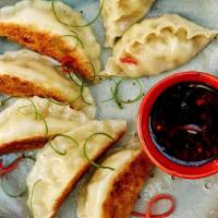 Chicken Potstickers (8 Pieces) · Cabbage, chicken, fried shallots, seasonings, soy sauce, sesame oil, egg white, ginger, spri...