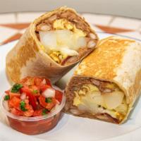 Breakfast Burrito · Burritos: Eggs, potatoes, jack cheese, beans and bacon