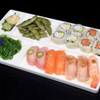 Yakumi · Edamame, choice of salad, choice of two rolls, yellowtail 2 pcs, salmon 2 pcs, albacore 2 pc...