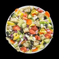 Greek Chicken Salad · Salata mix greens, tomatoes, cucumbers, carrots, red onions, black olives, banana peppers, f...