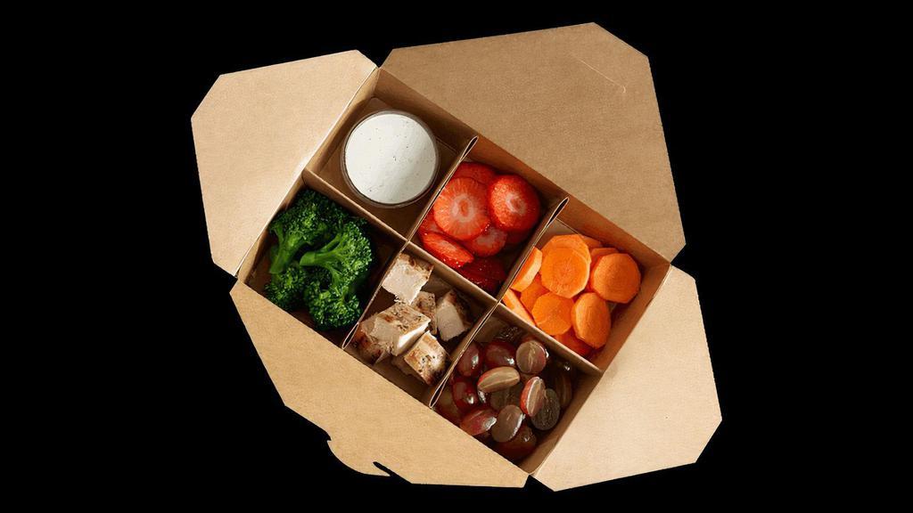 Kid'S Meal With Protein · Kids Meal is served “bento box” style and kids have their choice of one protein, four toppings, and one dipping sauce. All Kids Meals are served with bread and a juice box.
